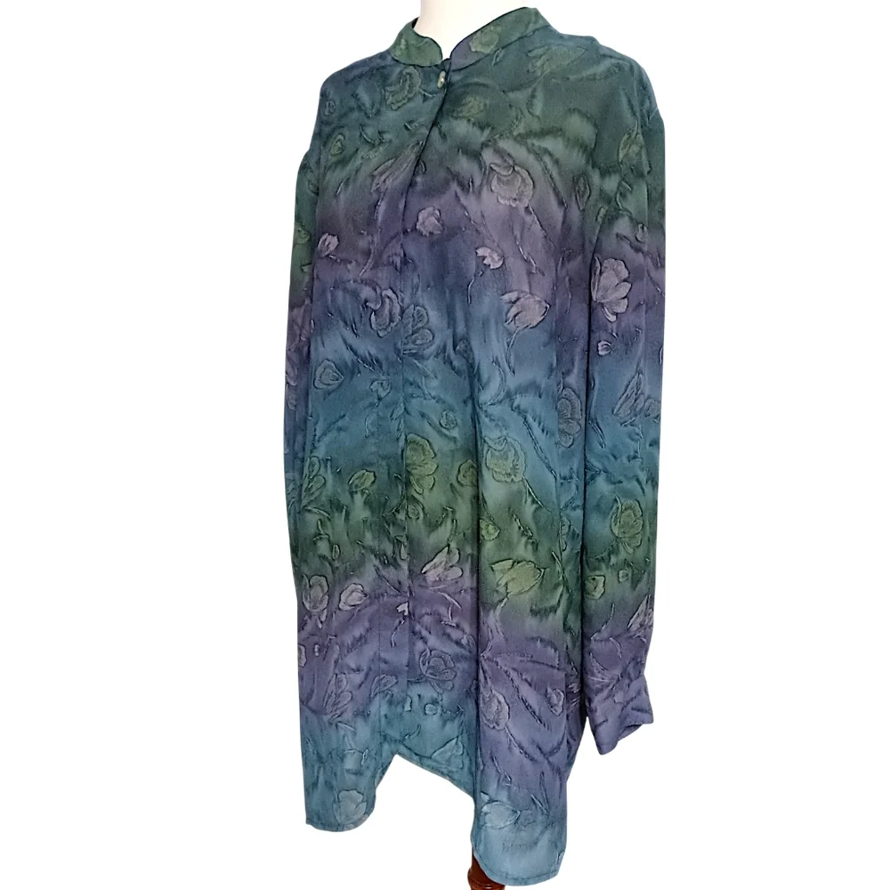 Dana‎ Taylor Woman Floral Blouse 1X Button Up Tunic Watercolor Feminine Romantic
